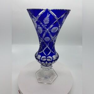 Elegant Cobalt Blue Bohemian Czech Cut to Clear Crystal Large Vase
